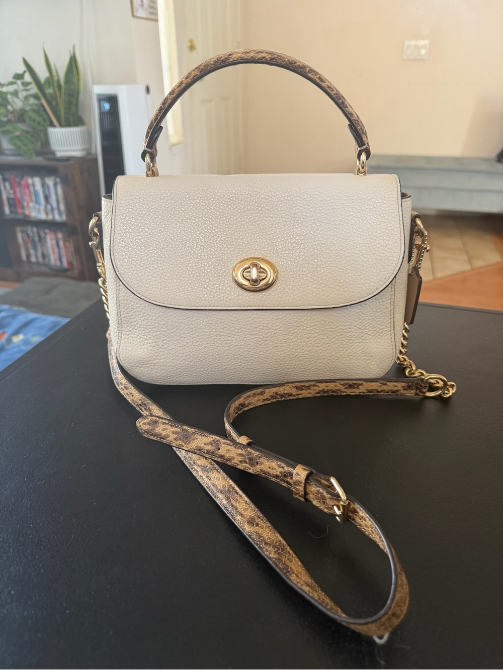 Coach Chalk Pebbled Leather Crossbody with Snakeskin-Print Strap